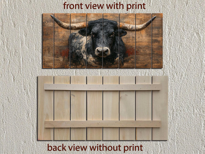 Front and back view of a black longhorn bull printed on rustic wood panels for farmhouse wall art.