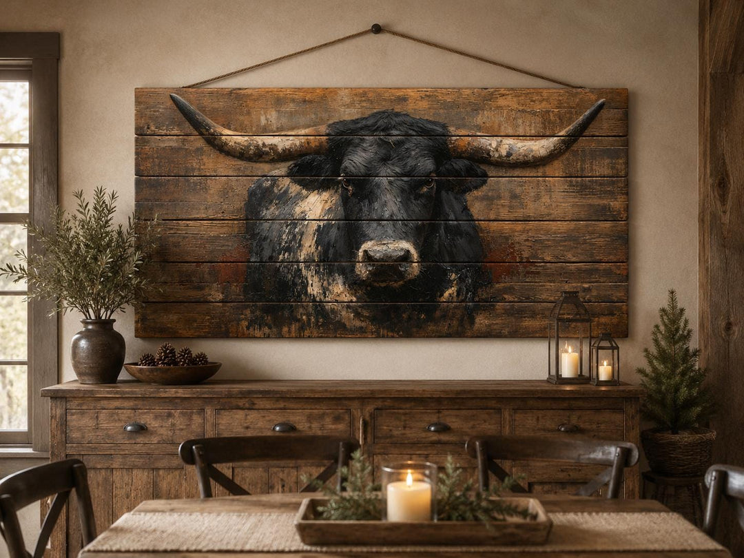 Black Longhorn Bull wood wall art on horizontal planks in a rustic farmhouse dining room.