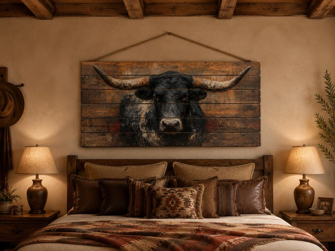 Black Longhorn Bull wood wall art hanging above a bed in a rustic farmhouse bedroom.