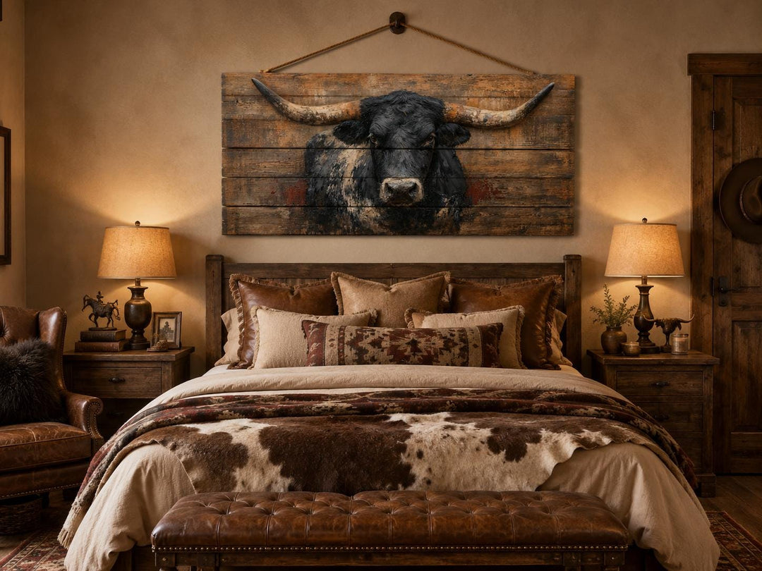 Black Longhorn Bull wood wall art hanging above a bed in a rustic farmhouse bedroom.