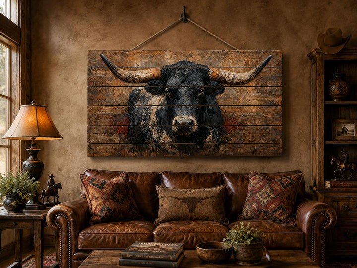 Black Longhorn Bull wood wall art hanging above a brown leather sofa in a rustic farmhouse room.