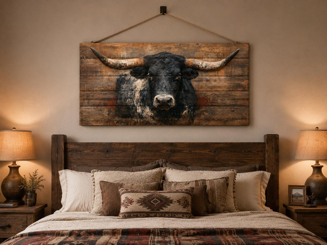 Black Longhorn Bull wood wall art hanging above a rustic bed in a farmhouse-style bedroom.