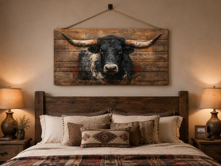 Black Longhorn Bull wood wall art hanging above a rustic bed in a farmhouse-style bedroom.