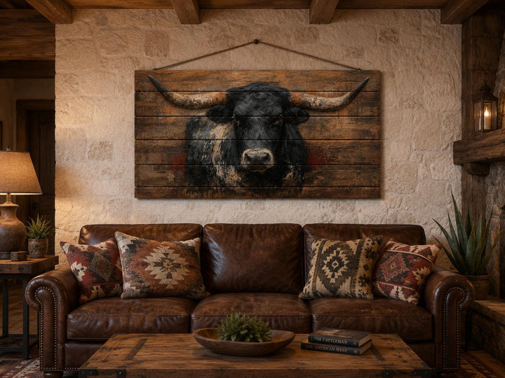 Black Longhorn Bull wood wall art hanging above a leather sofa in a rustic farmhouse living room.