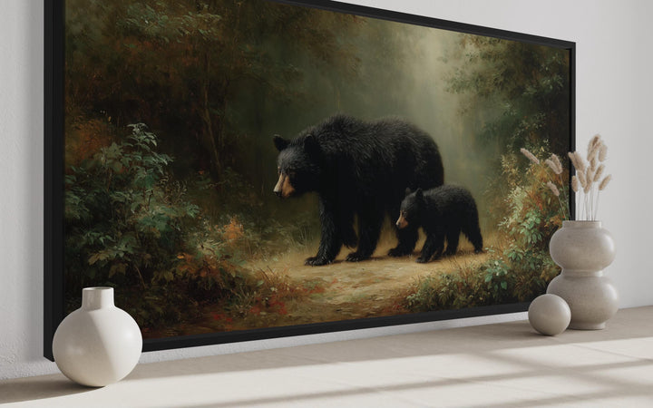 Black Mama Bear And Cub In The Forest Canvas Wall Art