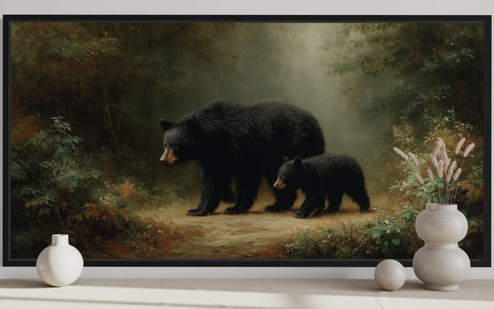 Black Mama Bear And Cub In The Forest Canvas Wall Art