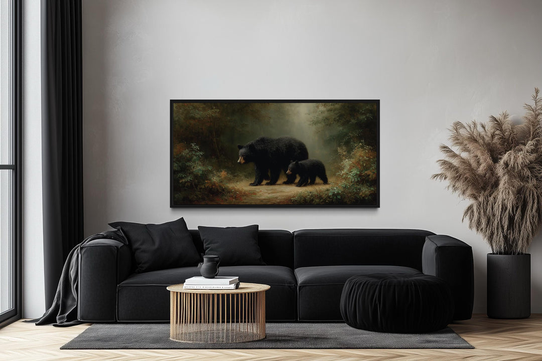 Black Mama Bear And Cub In The Forest Canvas Wall Art