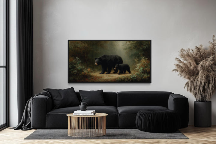 Black Mama Bear And Cub In The Forest Canvas Wall Art