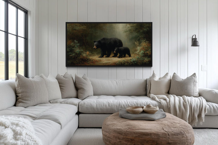 Black Mama Bear And Cub In The Forest Canvas Wall Art