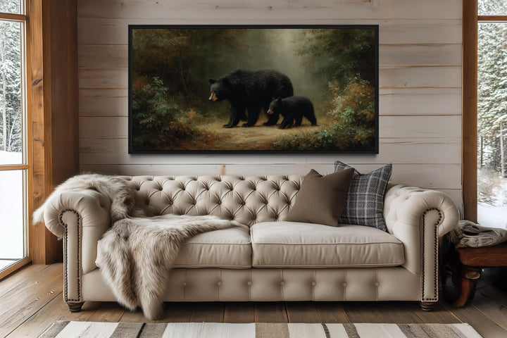 Black Mama Bear And Cub In The Forest Canvas Wall Art