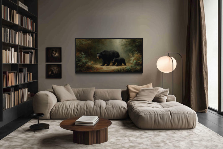 Black Mama Bear And Cub In The Forest Canvas Wall Art