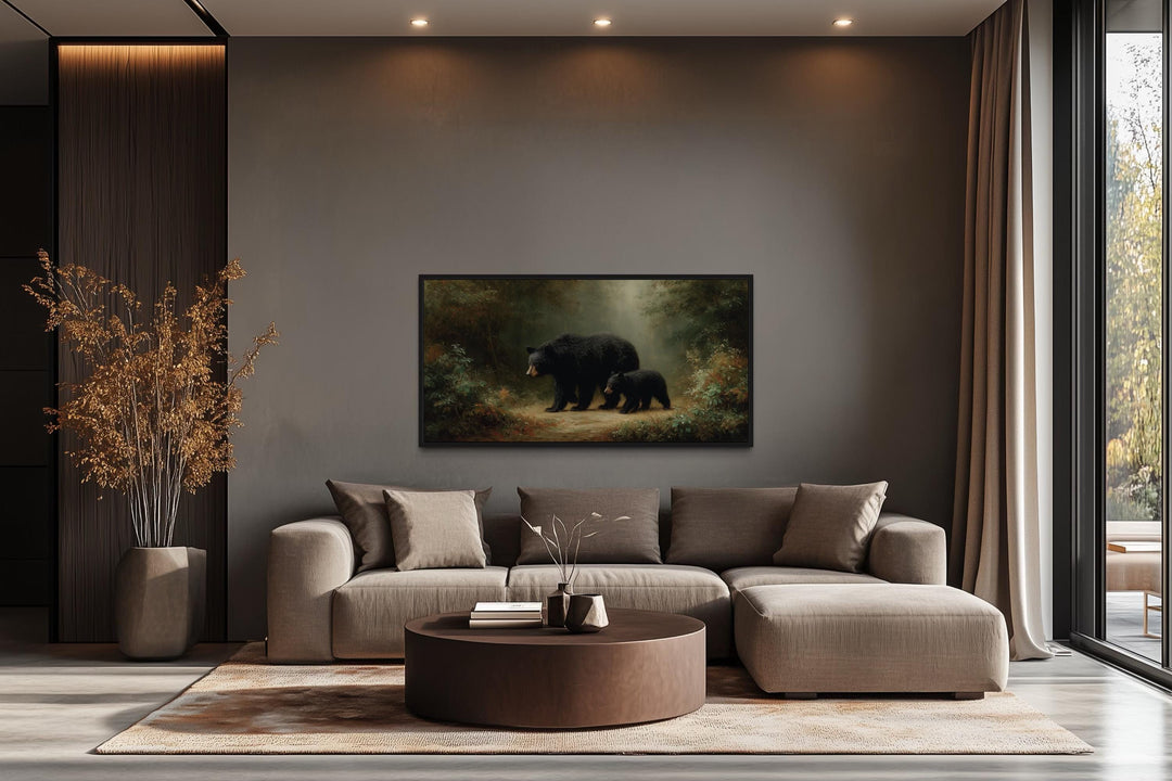 Black Mama Bear And Cub In The Forest Canvas Wall Art