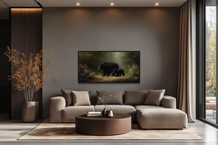 Black Mama Bear And Cub In The Forest Canvas Wall Art