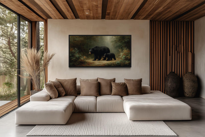 Black Mama Bear And Cub In The Forest Canvas Wall Art