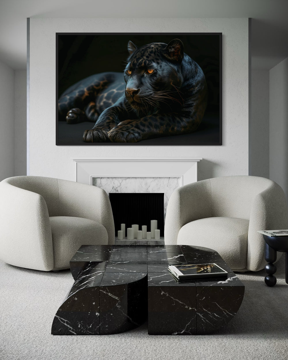 Framed black panther canvas wall art on a black background.