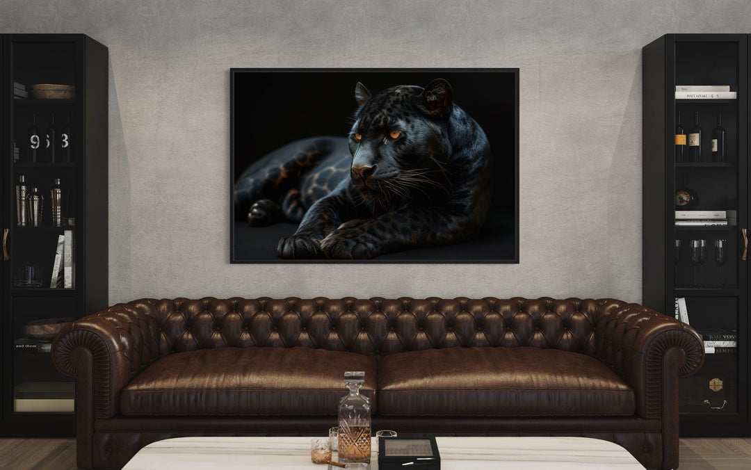 Black panther on black background framed canvas wall art.