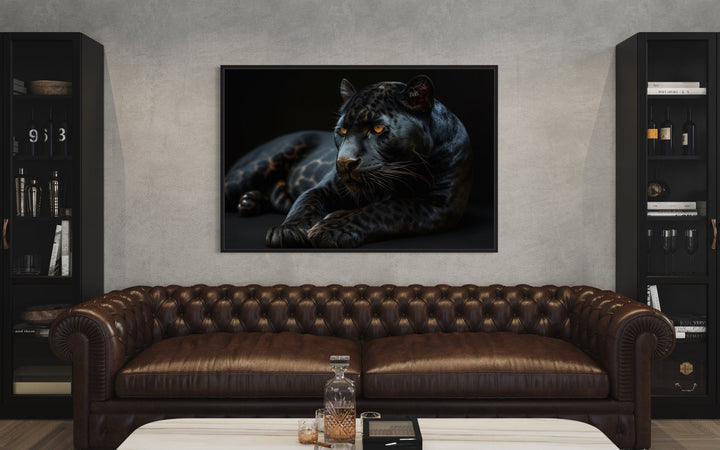 Black panther on black background framed canvas wall art.