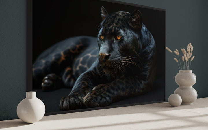 Black Panther On Black Background Framed Canvas Wall Art