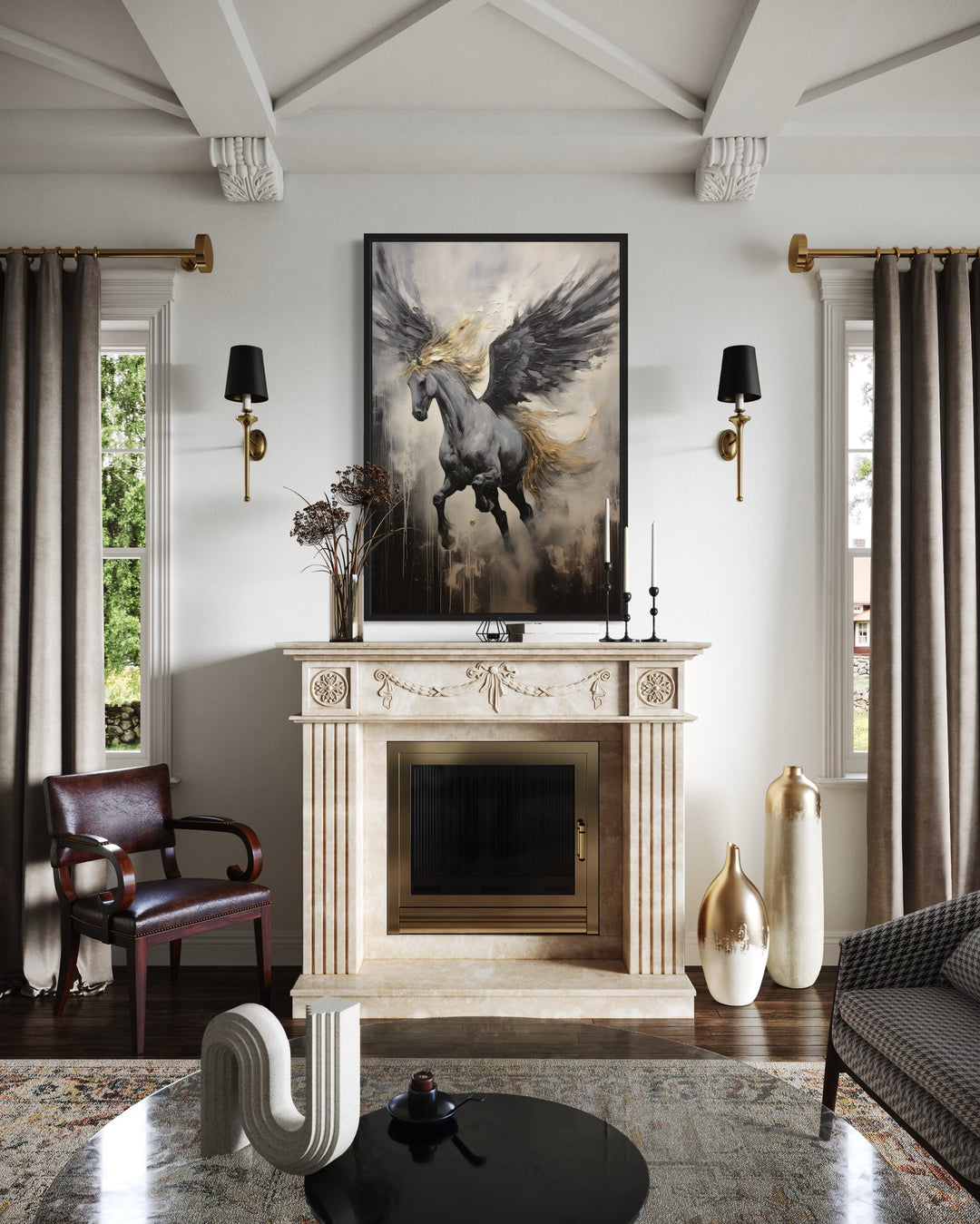Black Pegasus framed canvas wall art hanging above a marble fireplace in a modern living room.
