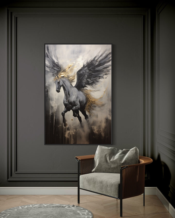 Black Pegasus Framed Canvas Wall Art behind armchair