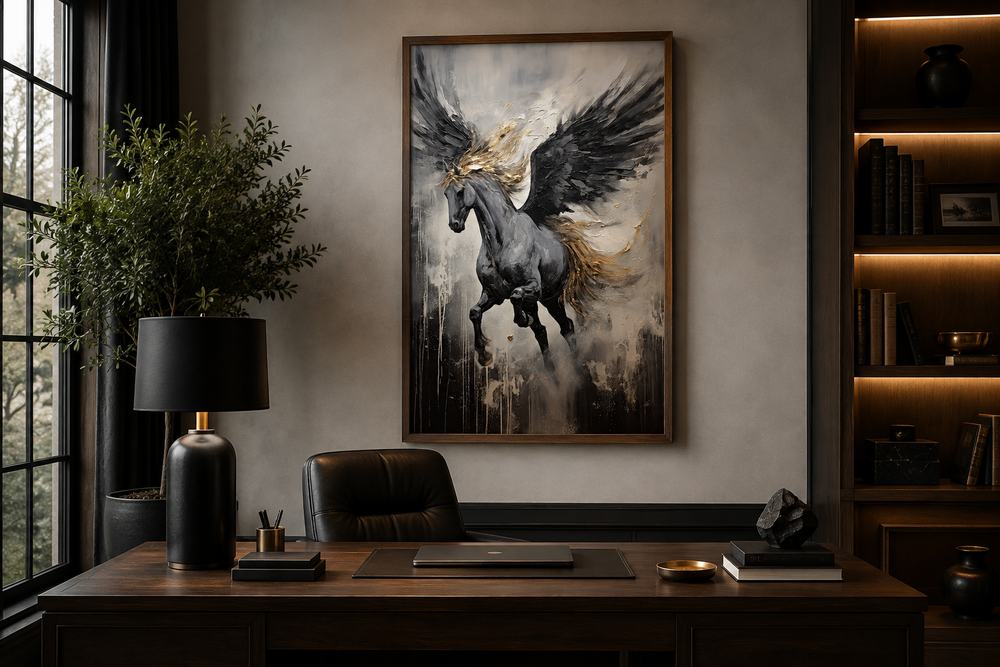 Black Pegasus framed canvas wall art in an abstract style hanging above a dark wood office desk.