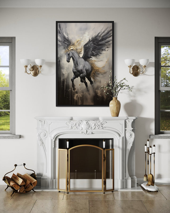 Black Pegasus framed canvas wall art hanging above a white ornate fireplace in a living room.