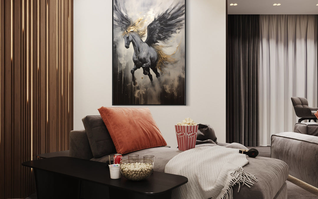 Black Pegasus Framed Canvas Wall Art in man cave