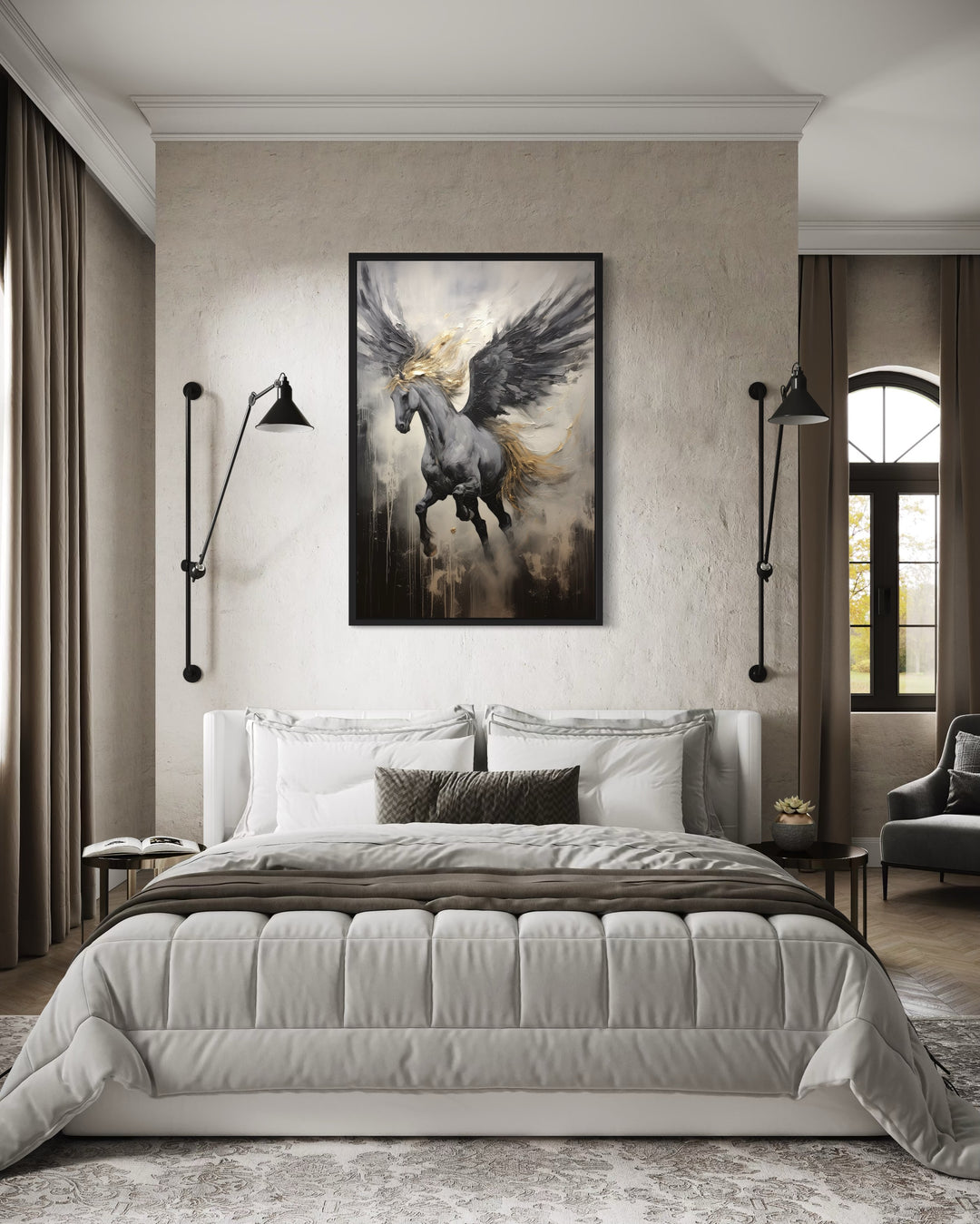 Black Pegasus Framed Canvas Wall Art hanging above a bed in a modern neutral bedroom.