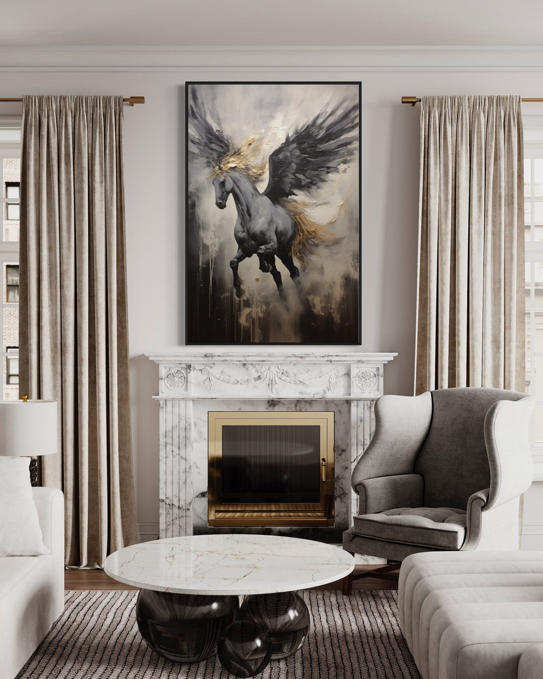 Black Pegasus Framed Canvas Wall Art hanging above a marble fireplace in a modern living room.