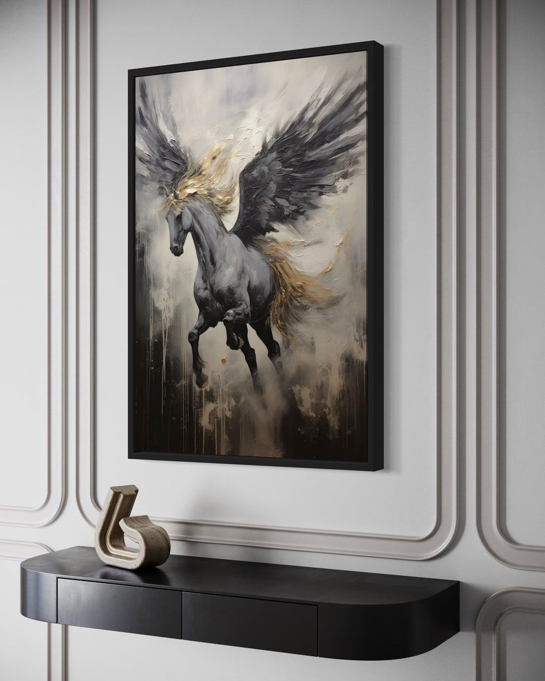 Black Pegasus framed canvas wall art featuring a winged horse in a dynamic, abstract painting style.