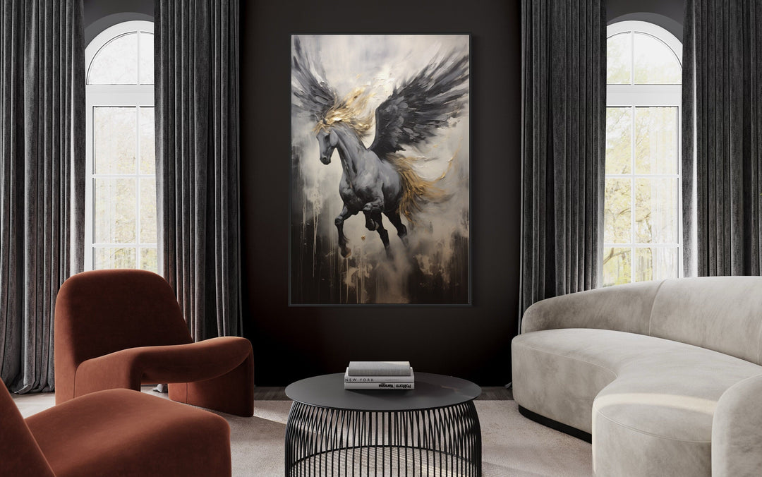 Black Pegasus Framed Canvas Wall Art in living room