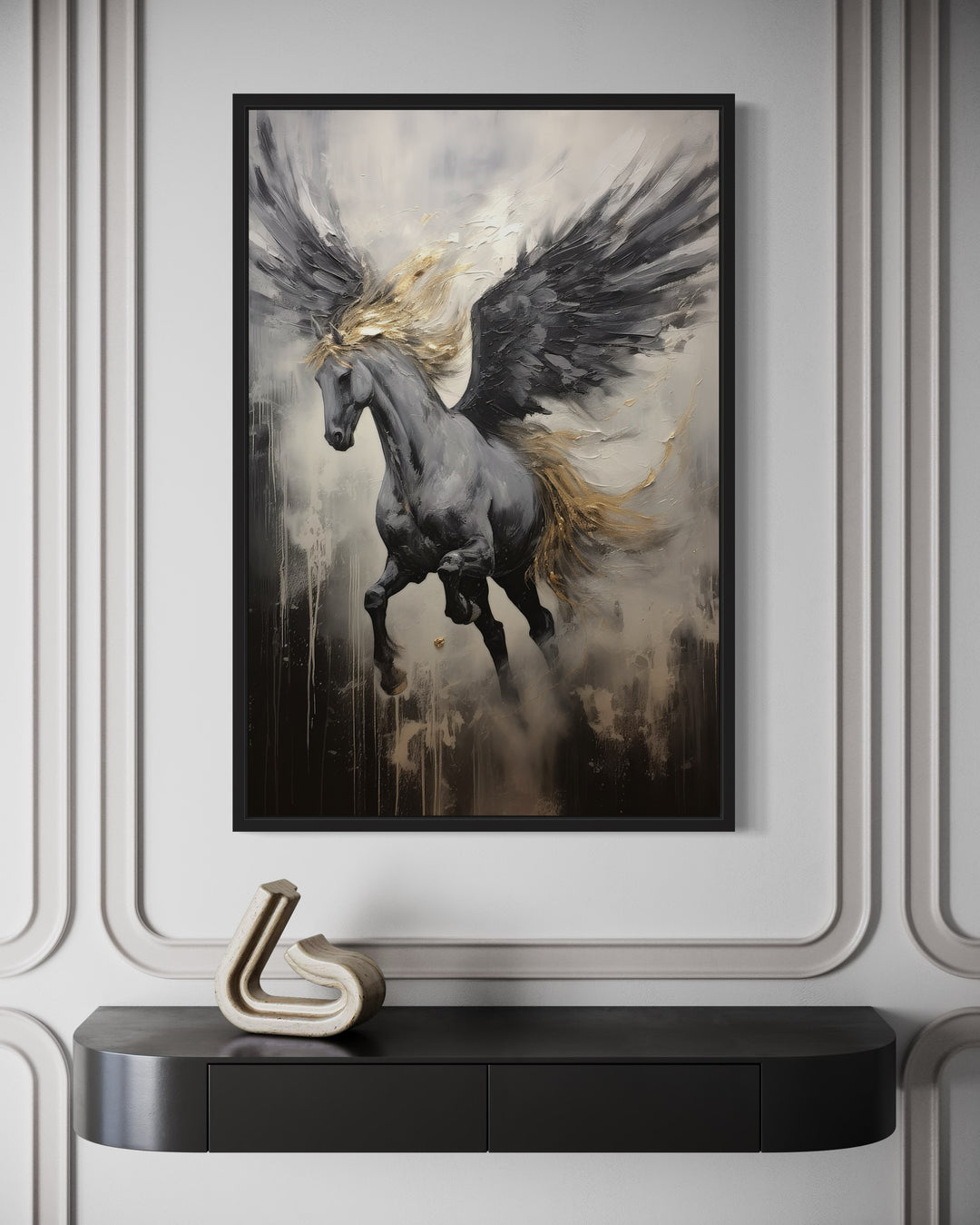 Black Pegasus framed canvas wall art featuring a winged horse in dynamic abstract style.