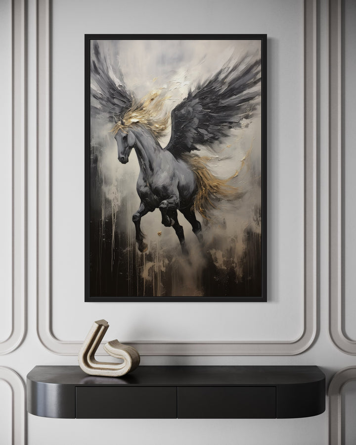 Black Pegasus framed canvas wall art featuring a winged horse in dynamic abstract style.