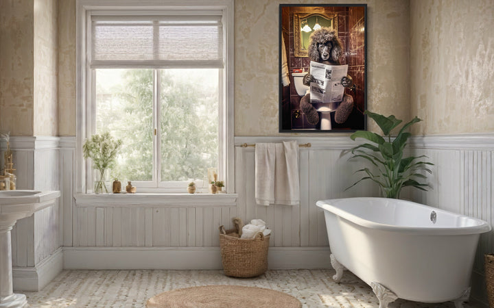 Black Poodle Dog On The Toilet Reading Newspaper Picture