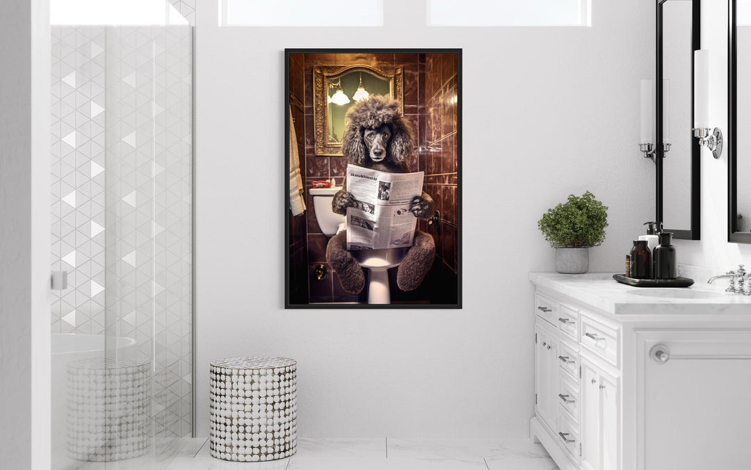 Black Poodle Dog On The Toilet Reading Newspaper Picture