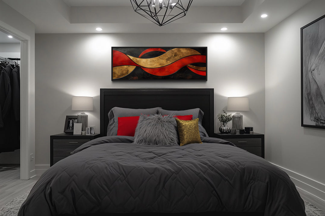 Black Red Gold Geometric Modern Horizontal Above Bed Wall Art