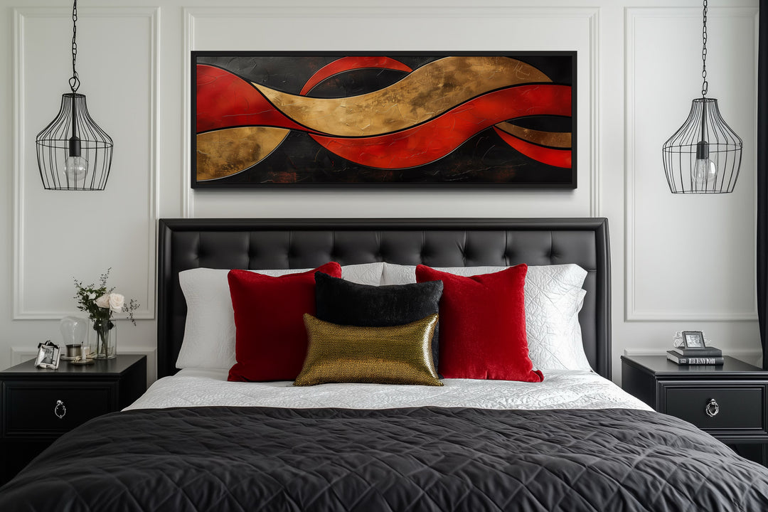 Black Red Gold Geometric Modern Horizontal Above Bed Wall Art