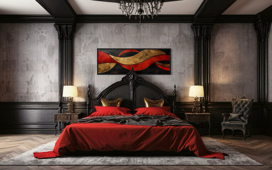 Black Red Gold Geometric Modern Horizontal Above Bed Wall Art