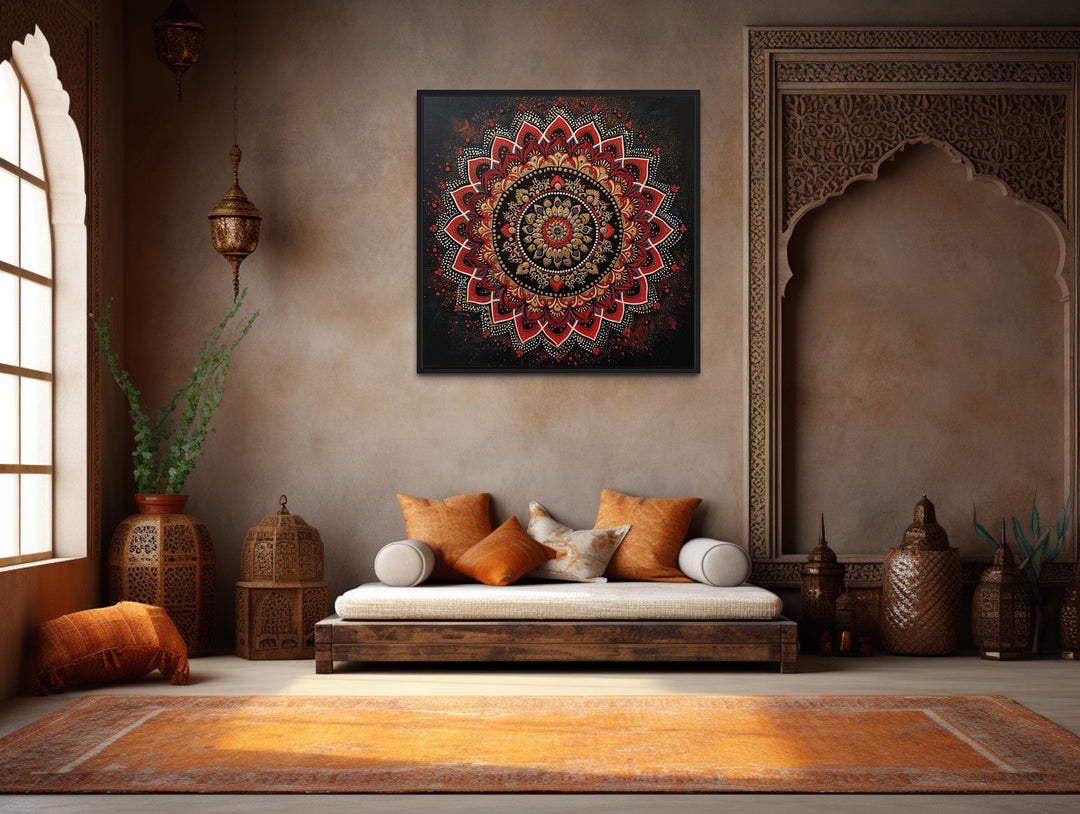 Black Red Indian Mandala Traditional Framed Canvas Wall Art