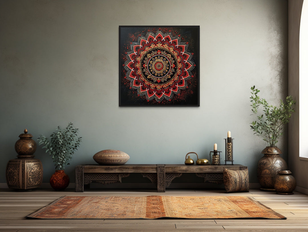 Black Red Indian Mandala Traditional Framed Canvas Wall Art