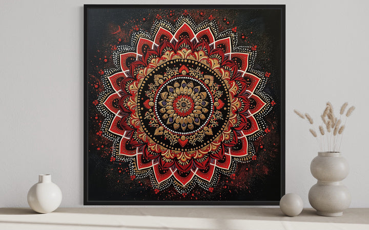 Black Red Indian Mandala Traditional Framed Canvas Wall Art