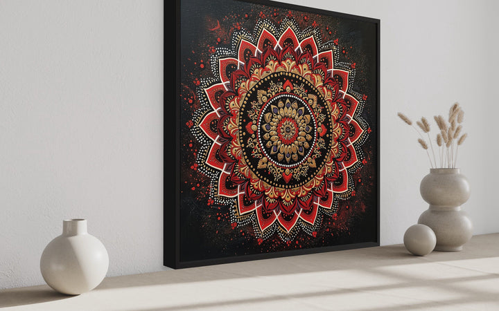 Black Red Indian Mandala Traditional Framed Canvas Wall Art