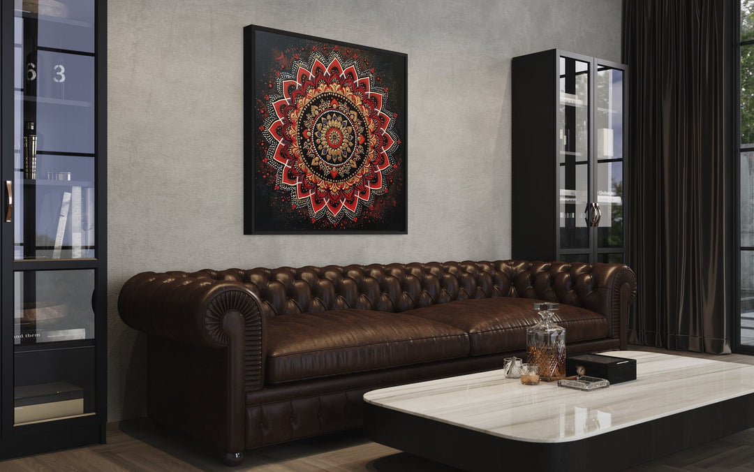 Black Red Indian Mandala Traditional Framed Canvas Wall Art