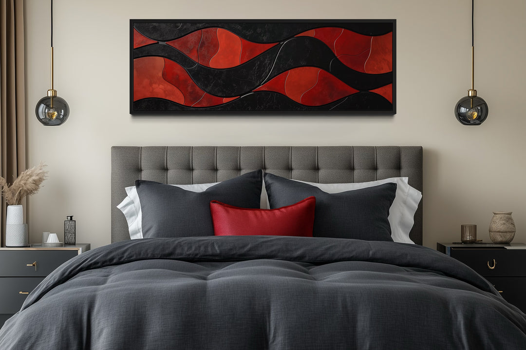 Black Red Modern Abstract Above Bed Horizontal Framed Canvas Wall Art