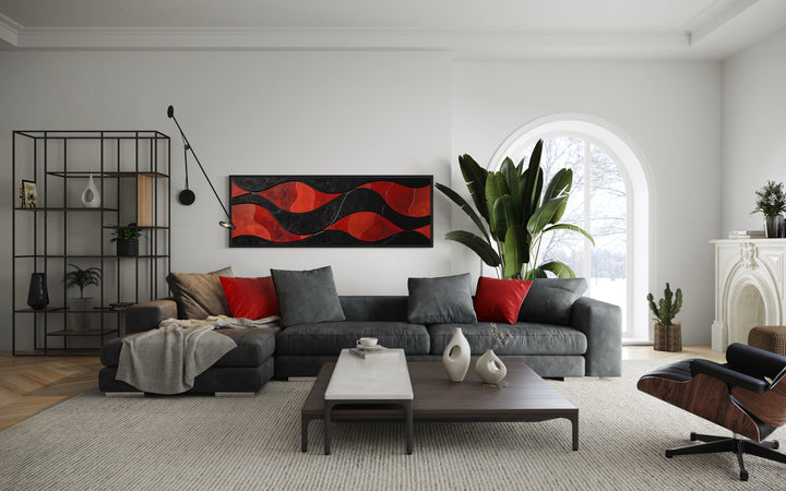 Black Red Modern Abstract Above Bed Horizontal Framed Canvas Wall Art