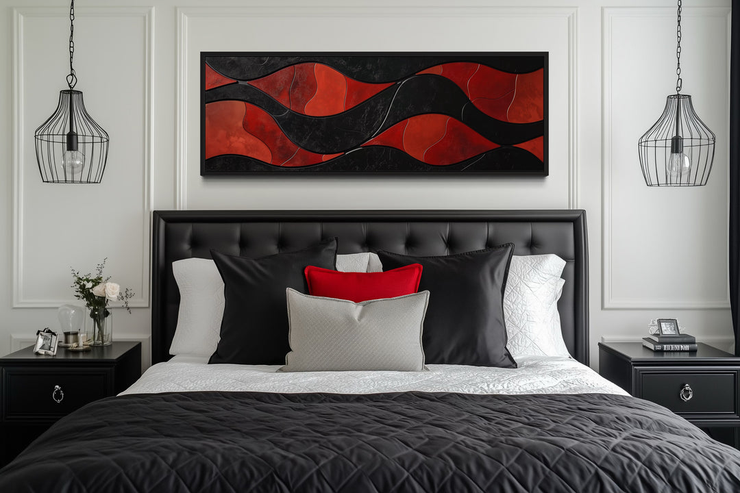 Black Red Modern Abstract Above Bed Horizontal Framed Canvas Wall Art