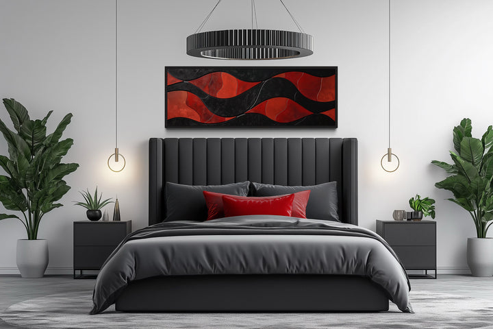 Black Red Modern Abstract Above Bed Horizontal Framed Canvas Wall Art