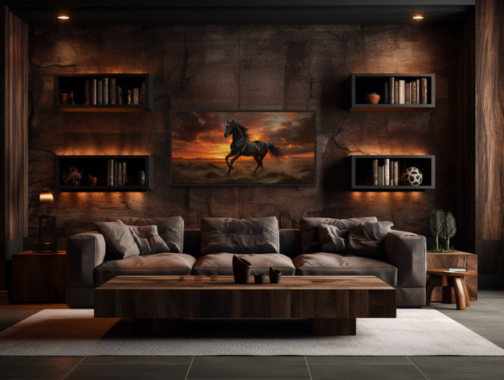 Black Stallion at Sunset Framed Canvas Wall Art i man cave