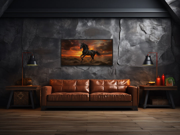 Black Stallion at Sunset Framed Canvas Wall Art in a living room with a couch