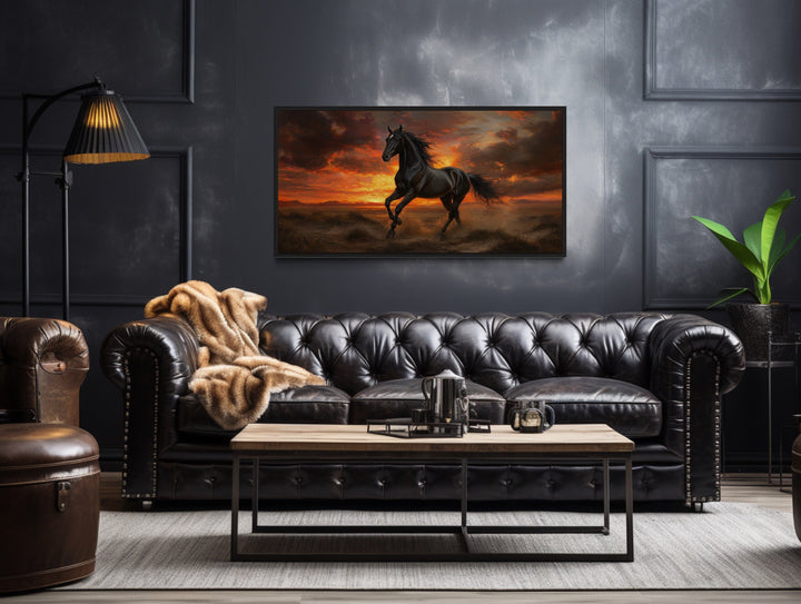 Black Stallion at Sunset Framed Canvas Wall Art in man cave